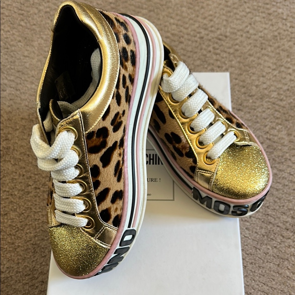 Moschino Gold and Leopard Print Sneakers